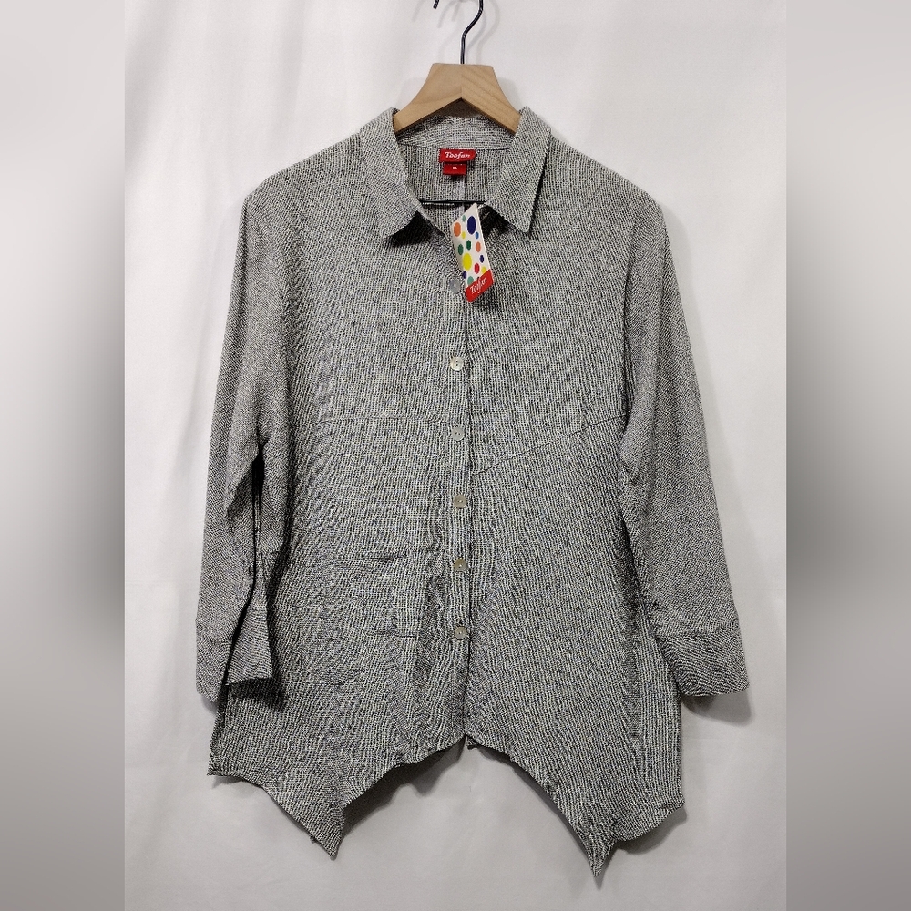 NWT TooFan Asymmetrical Hem Button-Up Blouse Womens XL Gray Boho Retro Y2K